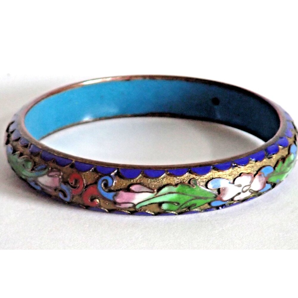 Gold Gilt Cloisonné Enamel Bangle Asian Style Bracelet Flowers Blue Pink Green